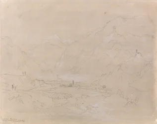 Paesaggio montuoso con città nella valle